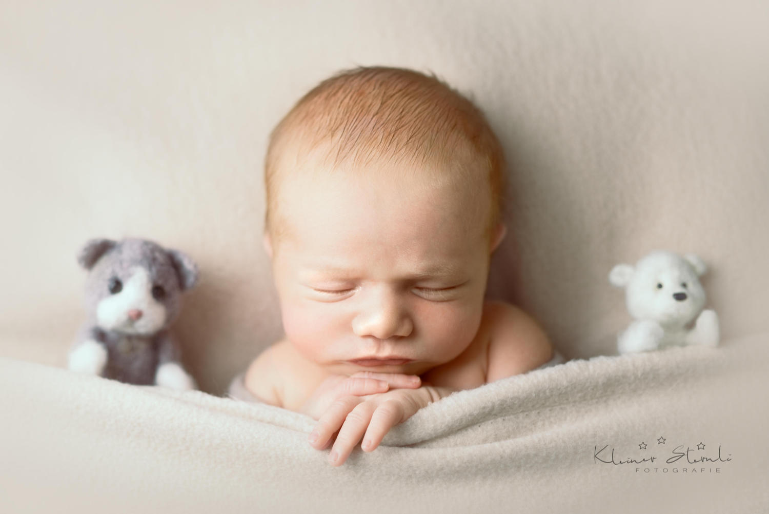 Neugeborenes Baby mit Spielzeug wahrend des Fotoshootings in Zurich